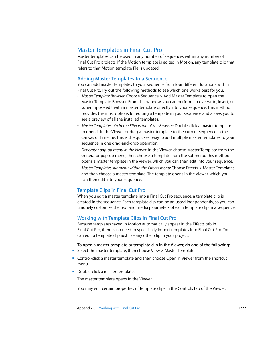 Master templates in finalcutpro, Adding master templates to a sequence, Template clips in finalcutpro | Working with template clips in finalcutpro, Master templates in final cut pro | Apple Motion 3 User Manual | Page 1227 / 1288