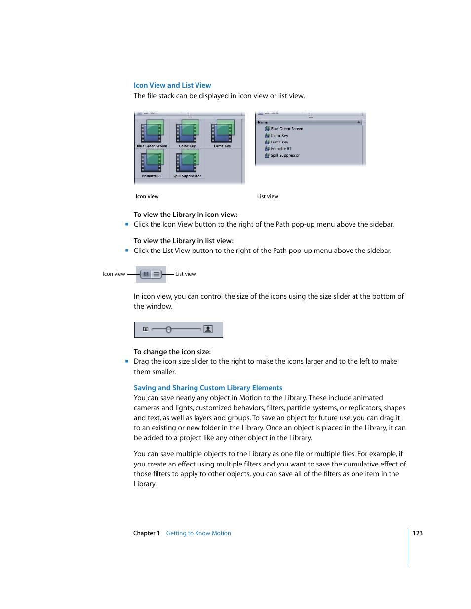 Saving and sharing custom library, Elements | Apple Motion 3 User Manual | Page 123 / 1288