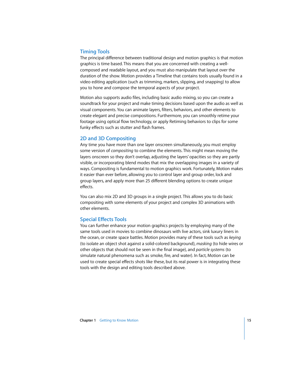 Timing tools, 2d and 3d compositing, Special effects tools | Apple Motion 3 User Manual | Page 15 / 1288