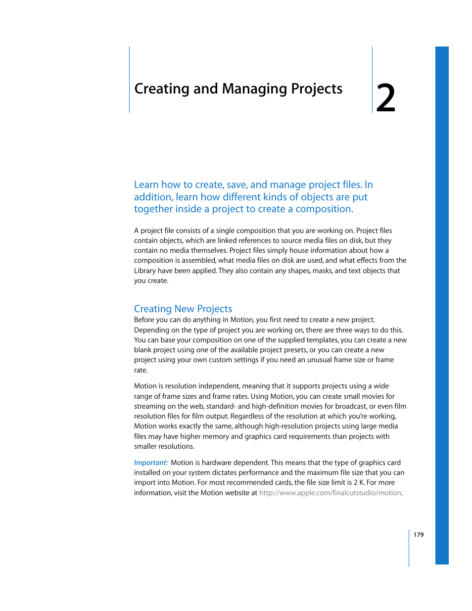 Creating and managing projects, Creating new projects, Chapter 2 | Apple Motion 3 User Manual | Page 179 / 1288