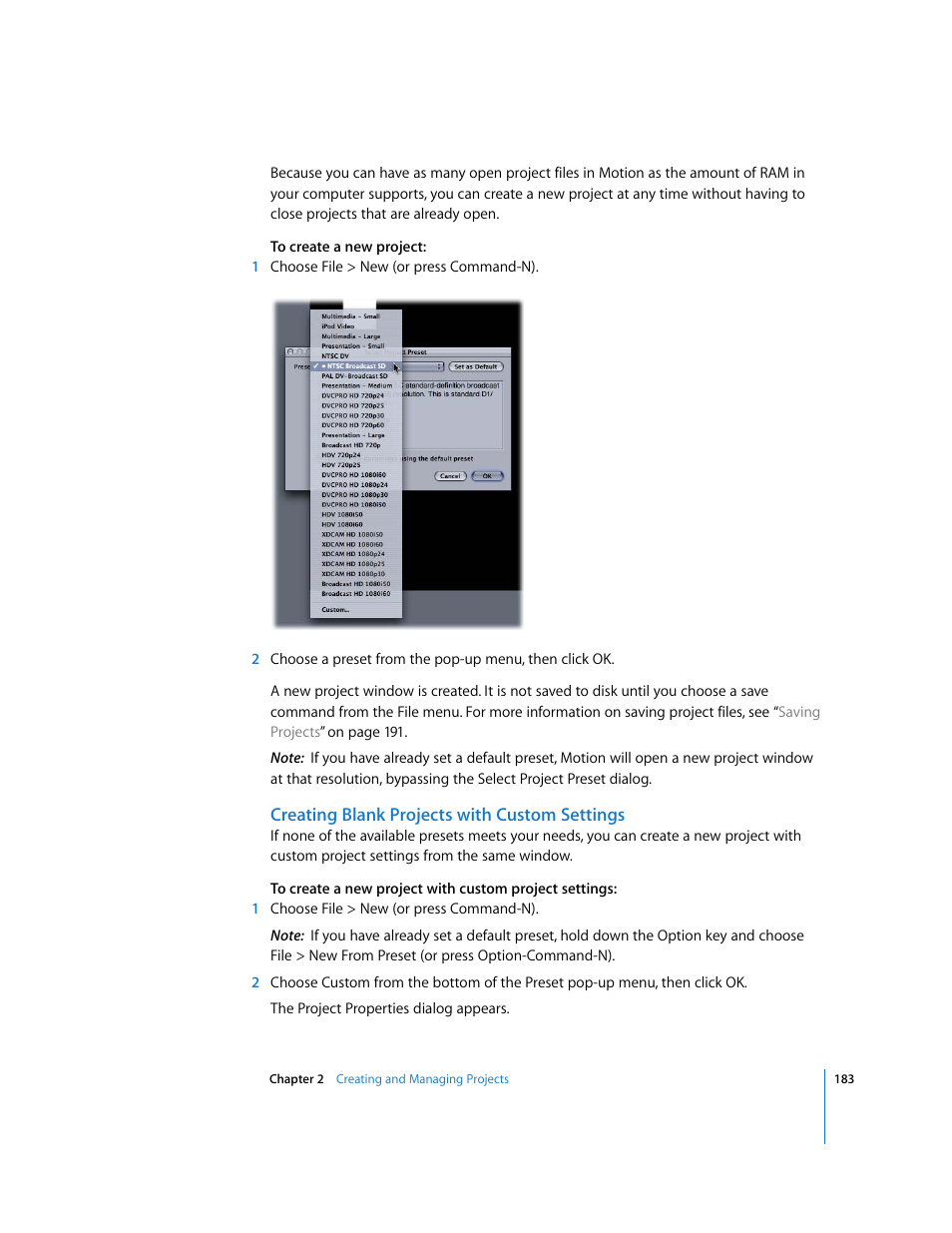 Creating blank projects with custom settings | Apple Motion 3 User Manual | Page 183 / 1288