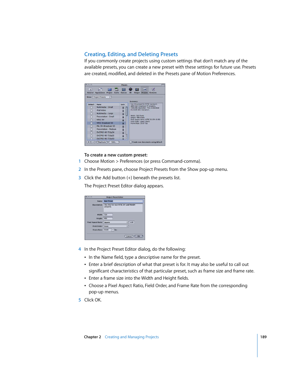 Creating, editing, and deleting presets | Apple Motion 3 User Manual | Page 189 / 1288