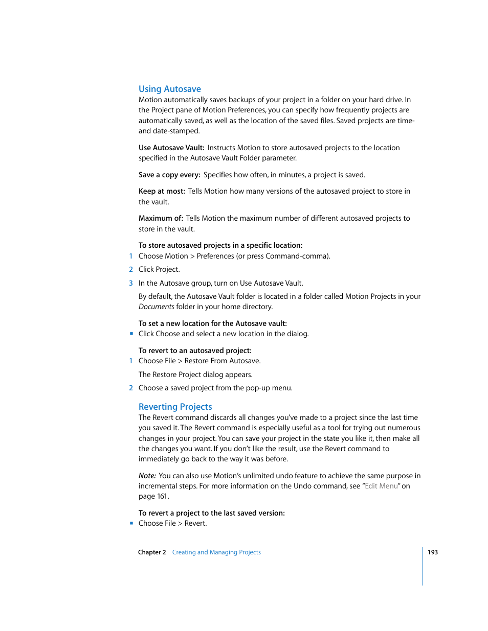 Using autosave, Reverting projects | Apple Motion 3 User Manual | Page 193 / 1288