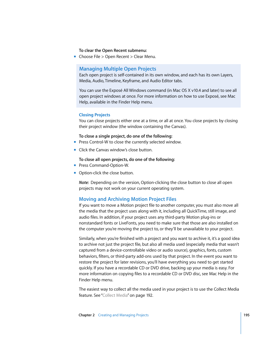 Managing multiple open projects, Moving and archiving motion project files | Apple Motion 3 User Manual | Page 195 / 1288