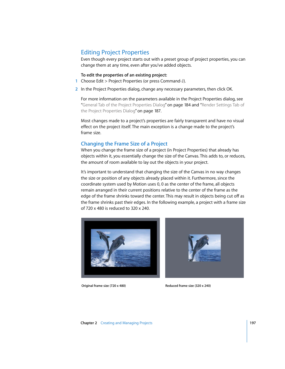 Editing project properties, Changing the frame size of a project | Apple Motion 3 User Manual | Page 197 / 1288