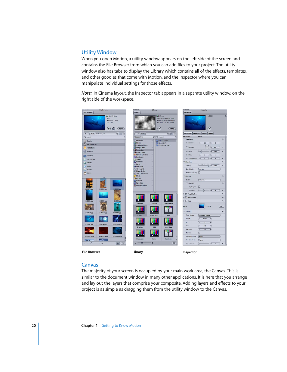 Utility window, Canvas | Apple Motion 3 User Manual | Page 20 / 1288