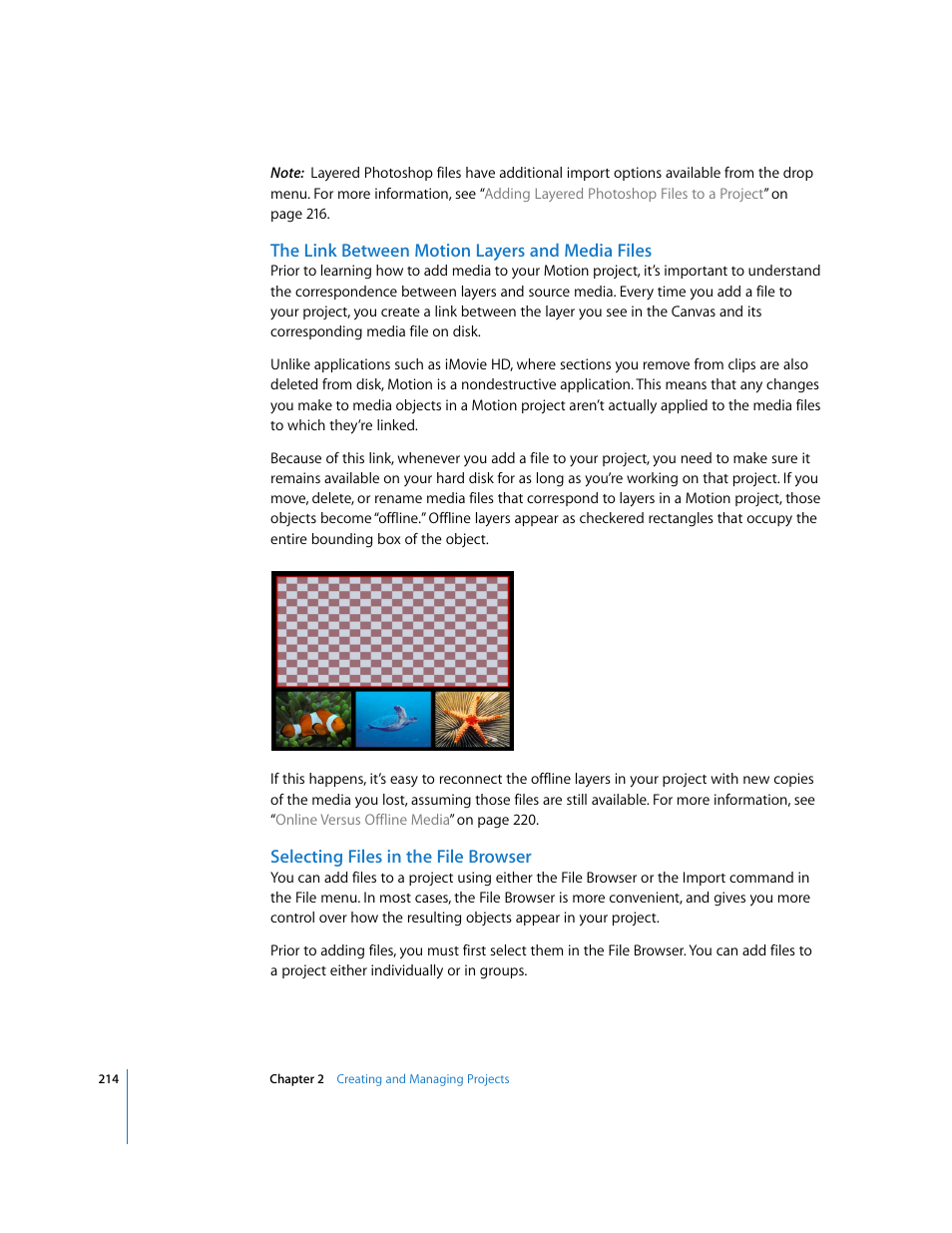The link between motion layers and media files, Selecting files in the file browser | Apple Motion 3 User Manual | Page 214 / 1288