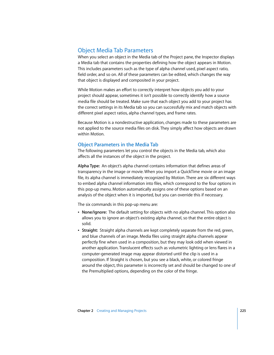 Object media tab parameters, Object parameters in the media tab, Object media tab | Parameters | Apple Motion 3 User Manual | Page 225 / 1288