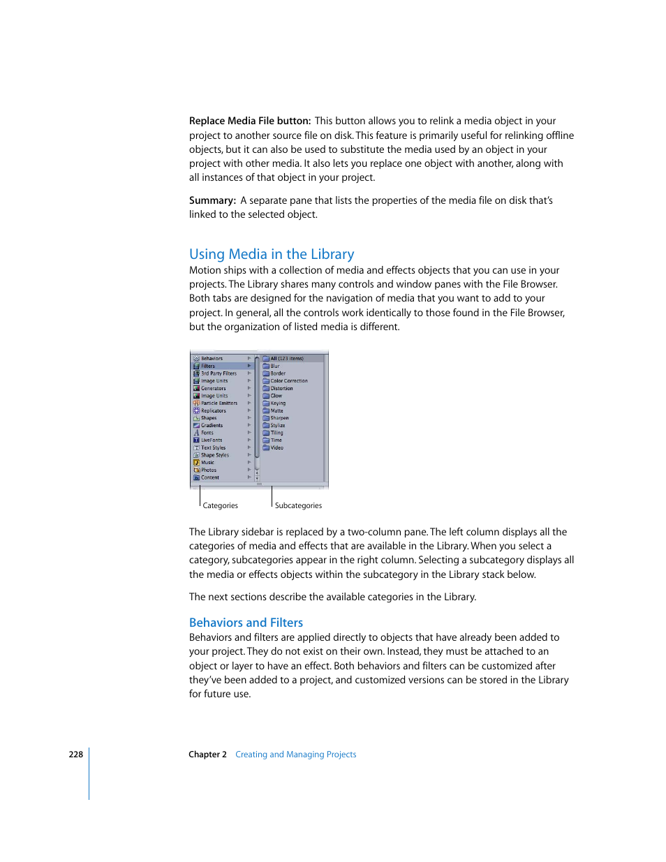 Using media in the library, Behaviors and filters | Apple Motion 3 User Manual | Page 228 / 1288