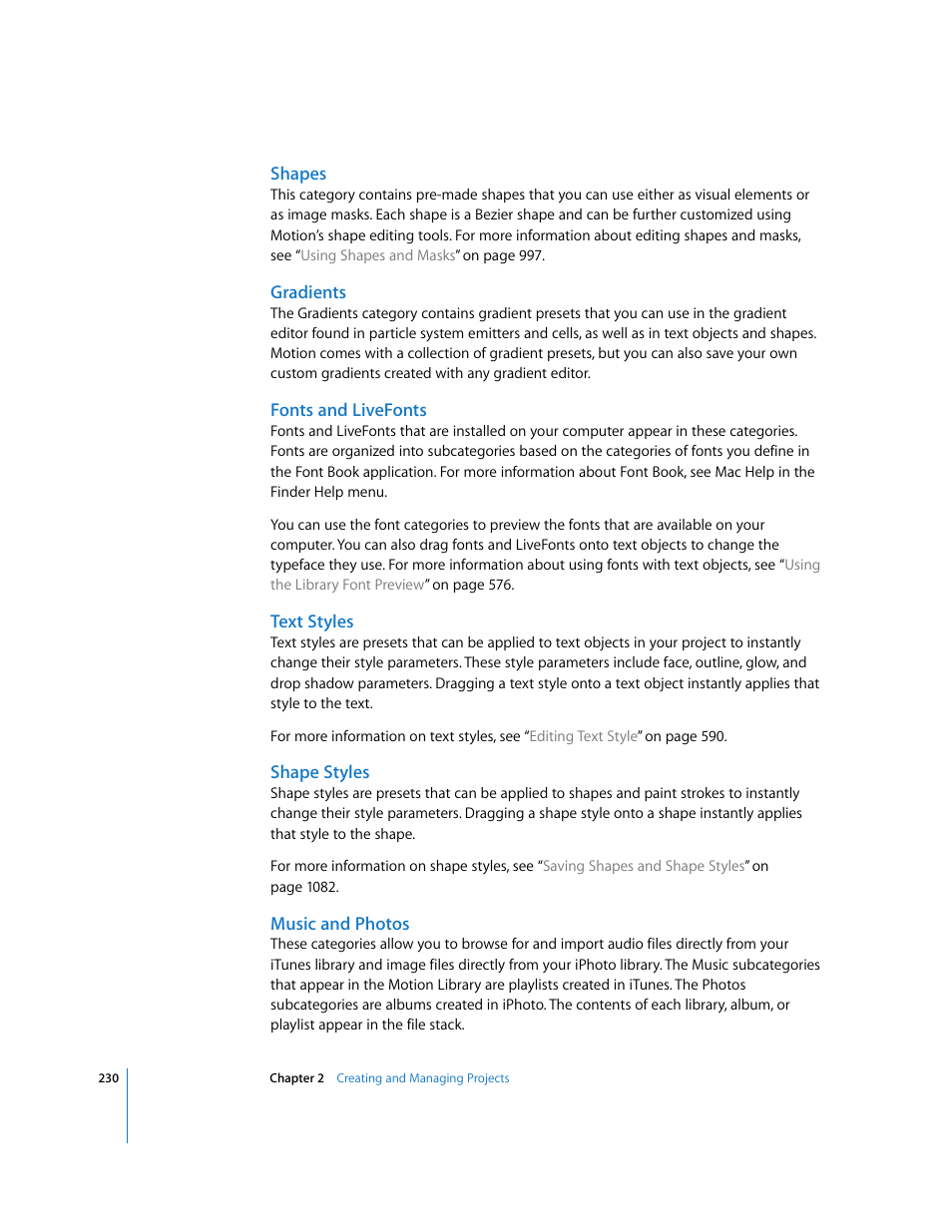Shapes, Gradients, Fonts and livefonts | Text styles, Shape styles, Music and photos | Apple Motion 3 User Manual | Page 230 / 1288