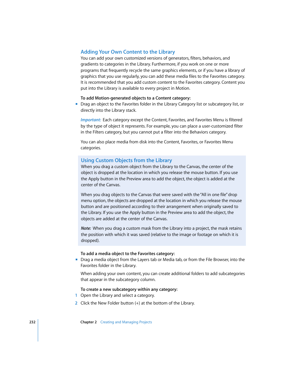 Adding your own content to the library, Using custom objects from the library, Adding your own | Content to the library | Apple Motion 3 User Manual | Page 232 / 1288