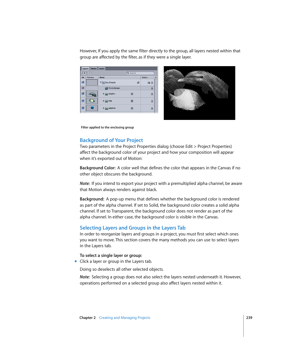 Background of your project, Selecting layers and groups in the layers tab | Apple Motion 3 User Manual | Page 239 / 1288