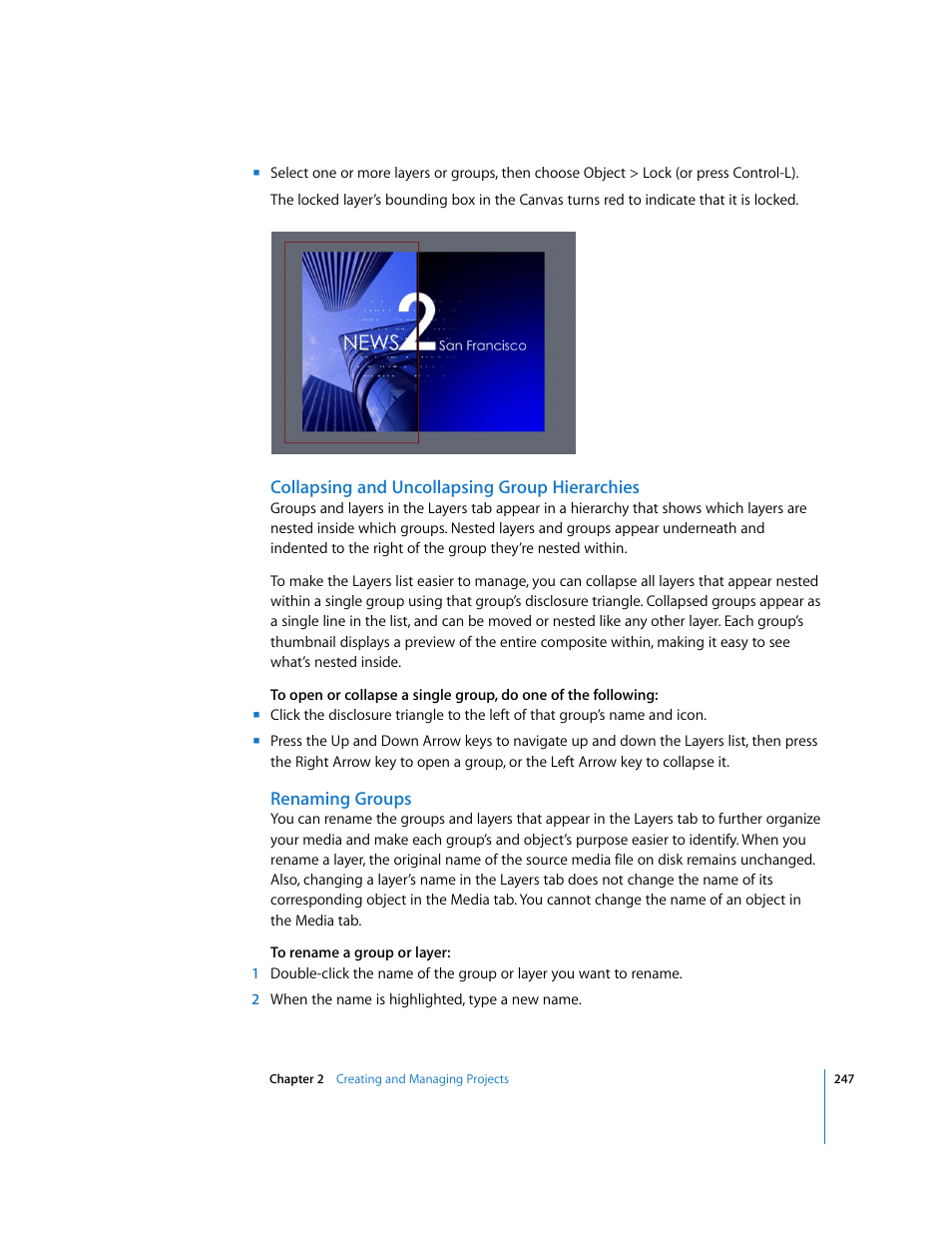 Collapsing and uncollapsing group hierarchies, Renaming groups | Apple Motion 3 User Manual | Page 247 / 1288