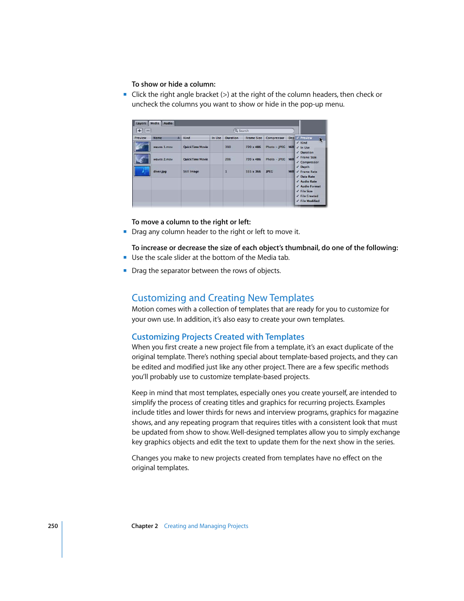 Customizing and creating new templates, Customizing projects created with templates | Apple Motion 3 User Manual | Page 250 / 1288
