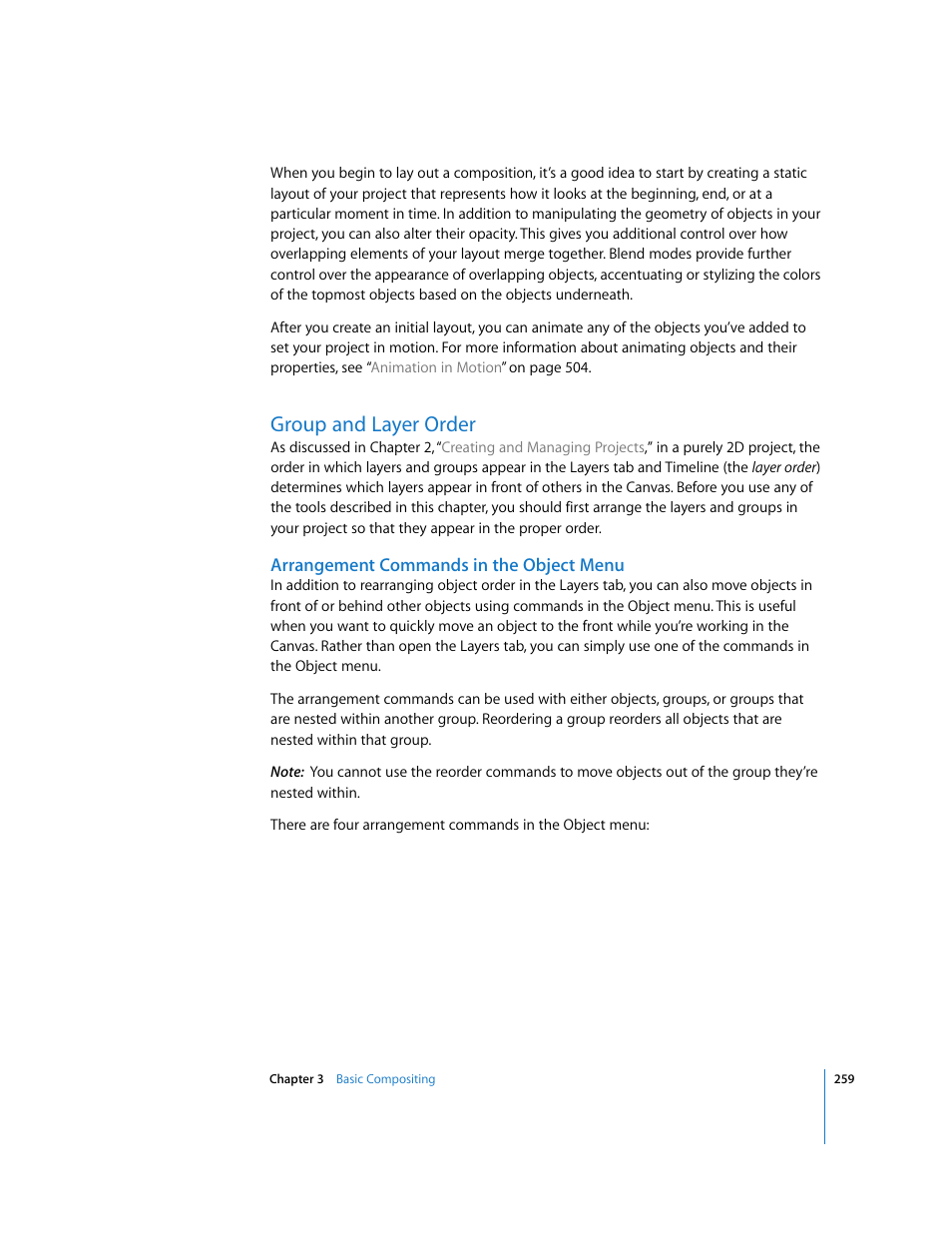 Group and layer order, Arrangement commands in the object menu | Apple Motion 3 User Manual | Page 259 / 1288