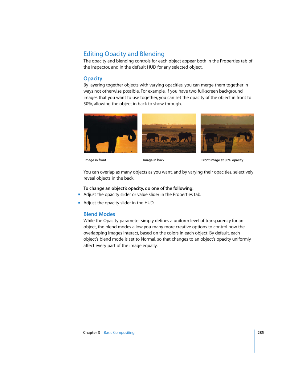 Editing opacity and blending, Opacity, Blend modes | Editing, Opacity and blending | Apple Motion 3 User Manual | Page 285 / 1288