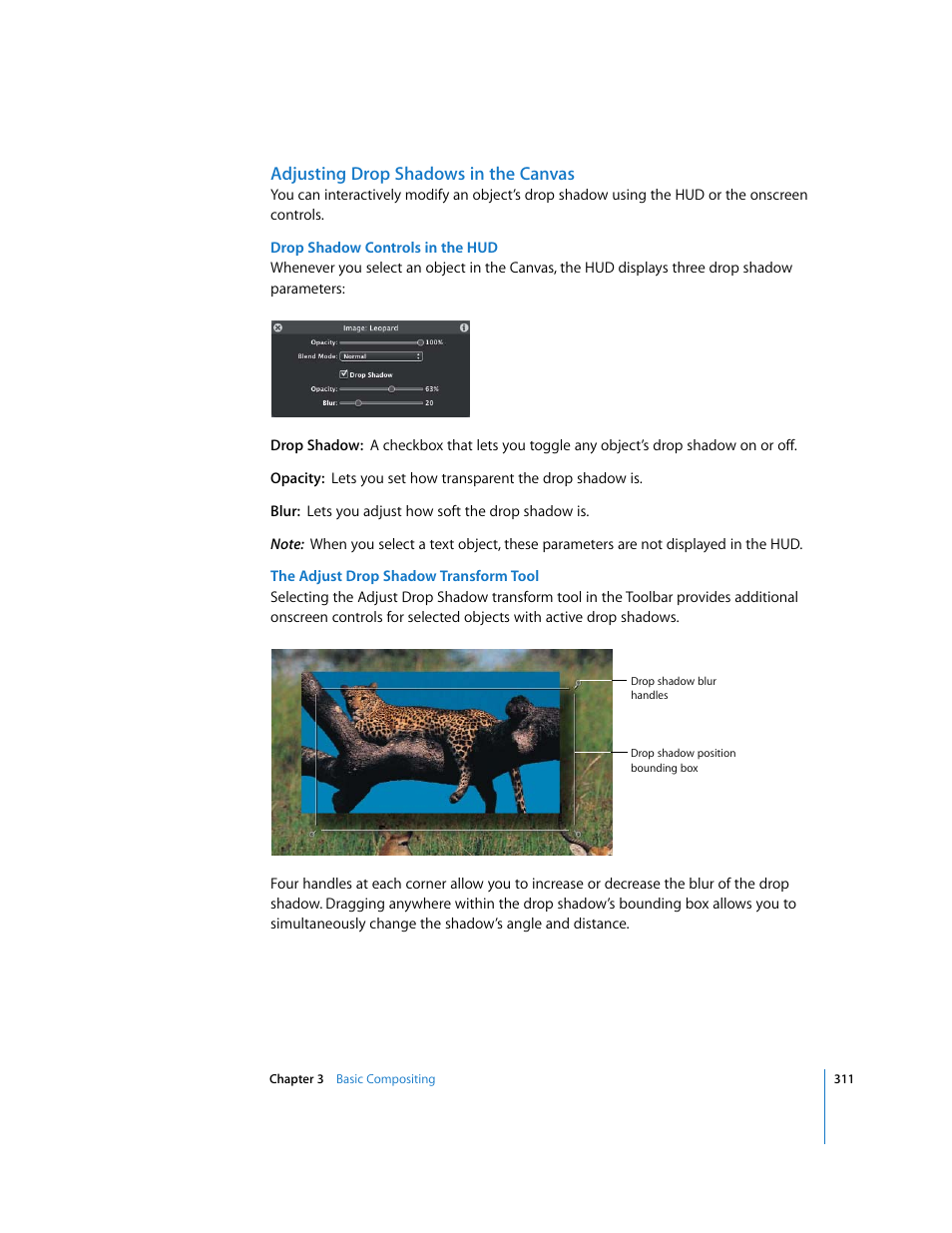 Adjusting drop shadows in the canvas | Apple Motion 3 User Manual | Page 311 / 1288