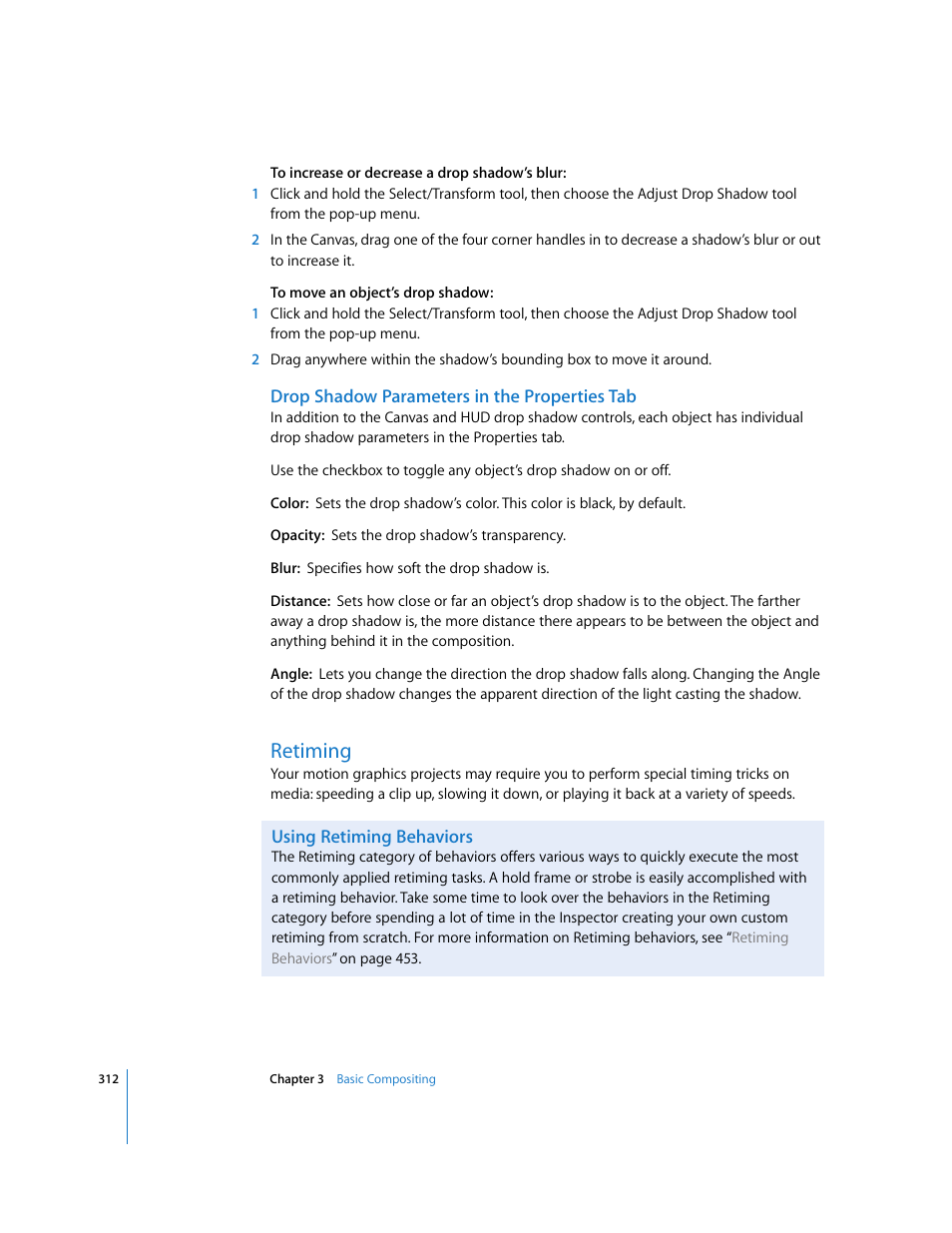 Drop shadow parameters in the properties tab, Retiming, Using retiming behaviors | Apple Motion 3 User Manual | Page 312 / 1288