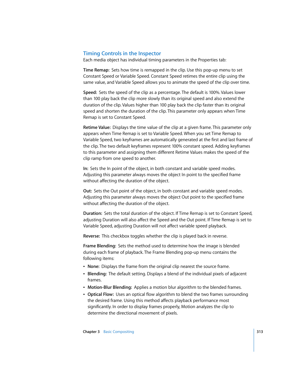 Timing controls in the inspector | Apple Motion 3 User Manual | Page 313 / 1288