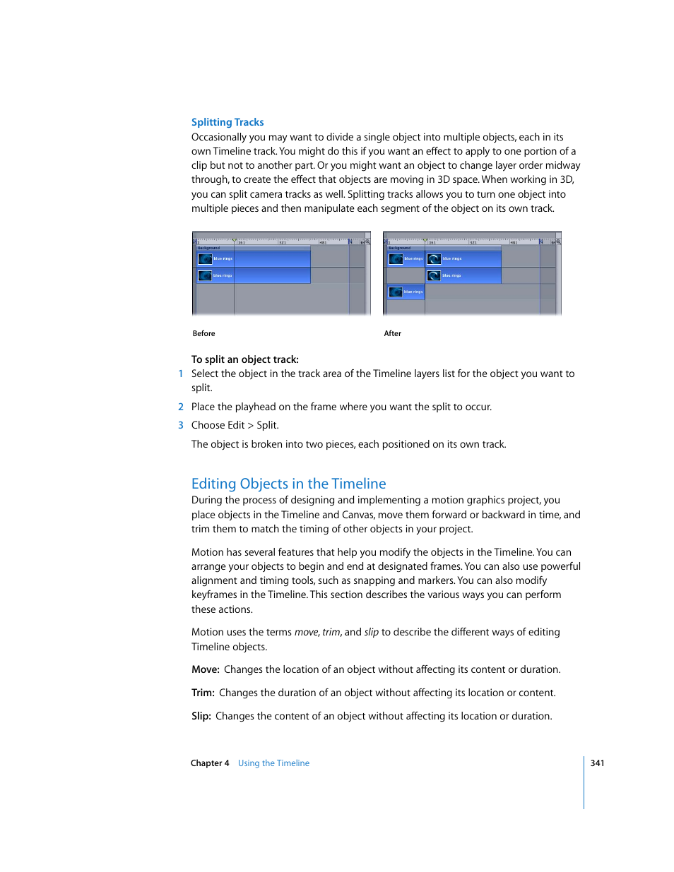 Editing objects in the timeline, Editing, Objects in the timeline | Apple Motion 3 User Manual | Page 341 / 1288