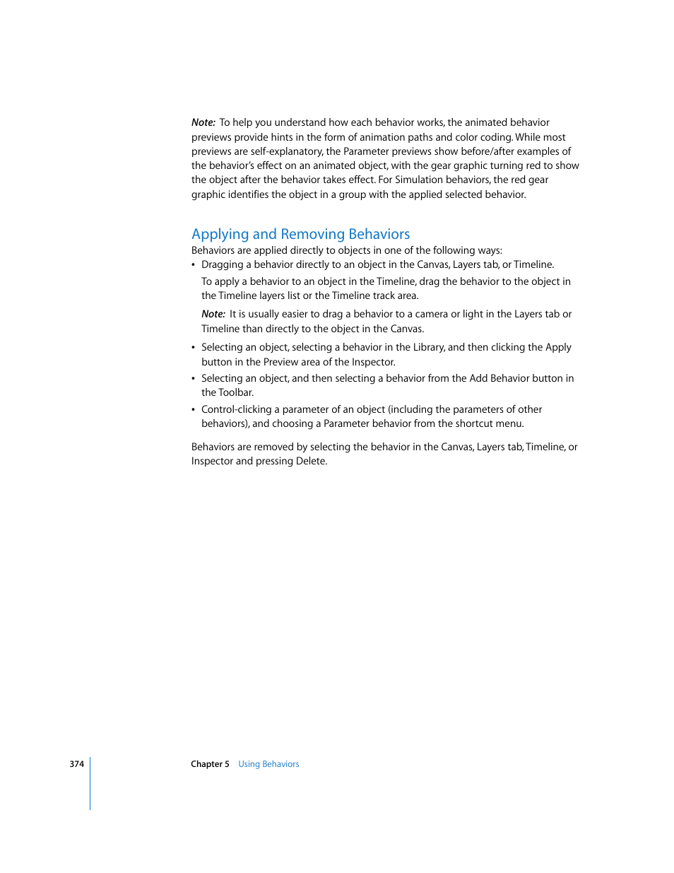 Applying and removing behaviors, Applying and removing, Behaviors | Apple Motion 3 User Manual | Page 374 / 1288