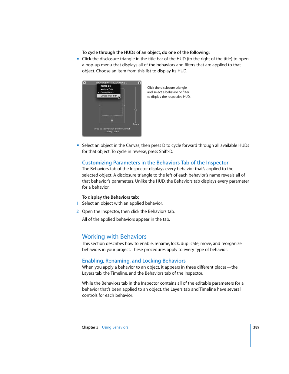Working with behaviors, Enabling, renaming, and locking behaviors | Apple Motion 3 User Manual | Page 389 / 1288