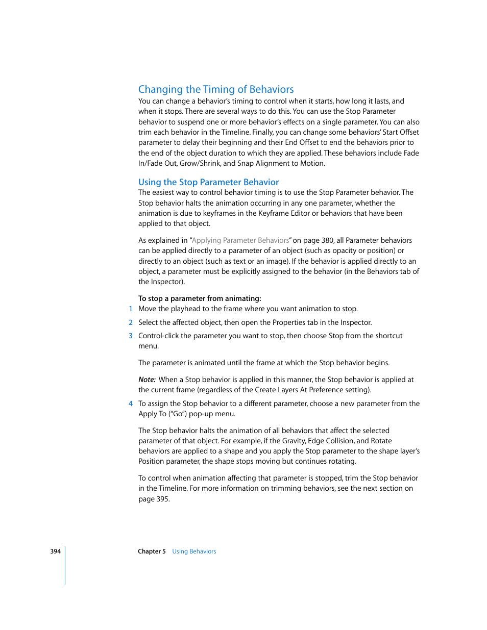 Changing the timing of behaviors, Using the stop parameter behavior | Apple Motion 3 User Manual | Page 394 / 1288