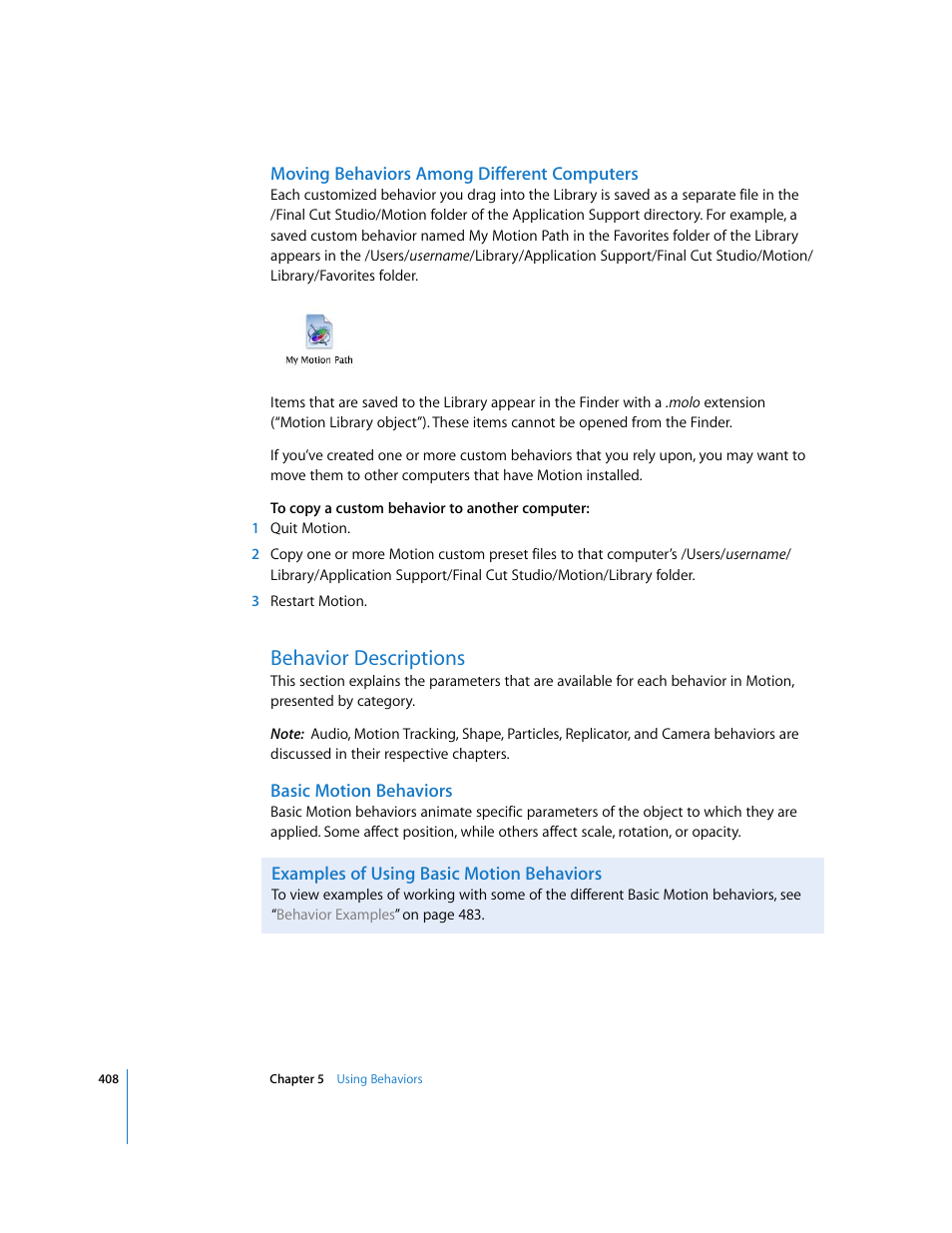 Moving behaviors among different computers, Behavior descriptions, Basic motion behaviors | Examples of using basic motion behaviors | Apple Motion 3 User Manual | Page 408 / 1288
