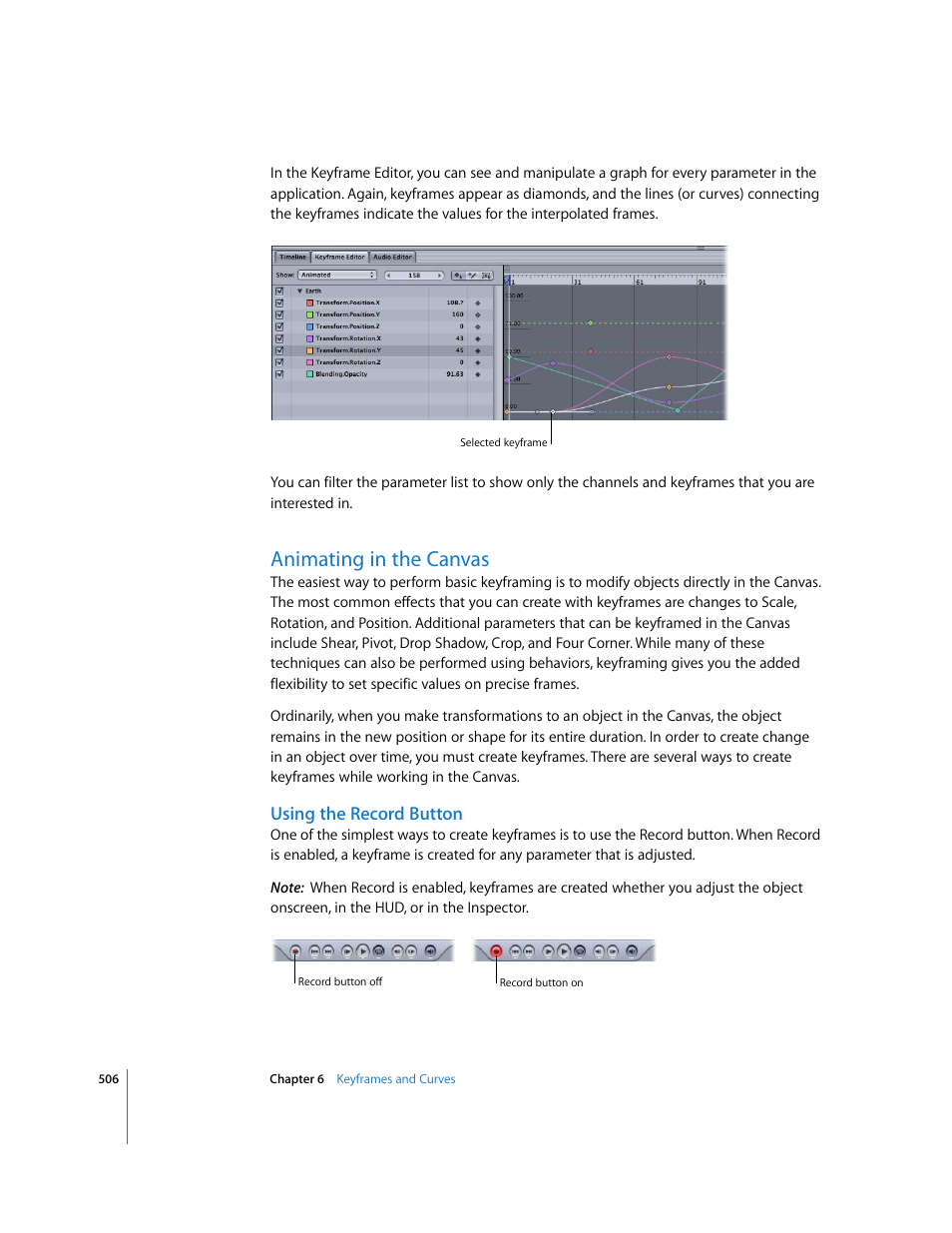 Animating in the canvas, Using the record button | Apple Motion 3 User Manual | Page 506 / 1288