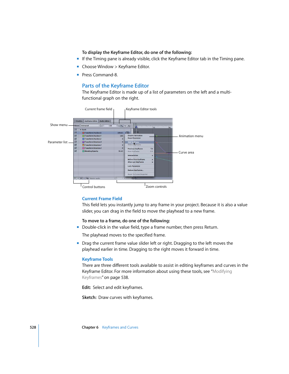 Parts of the keyframe editor | Apple Motion 3 User Manual | Page 528 / 1288