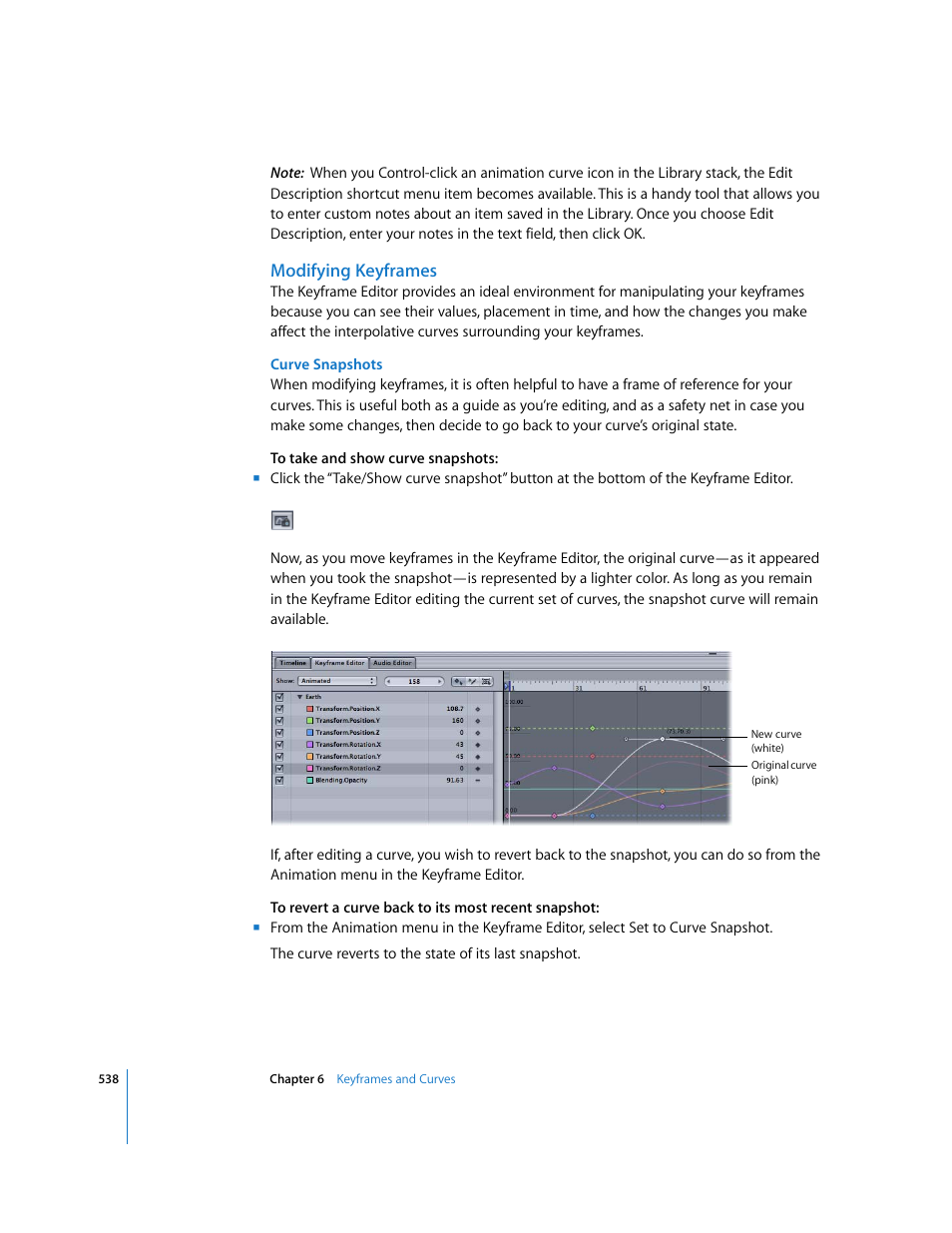 Modifying keyframes, Curve snapshots, Modifying | Keyframes, S in | Apple Motion 3 User Manual | Page 538 / 1288