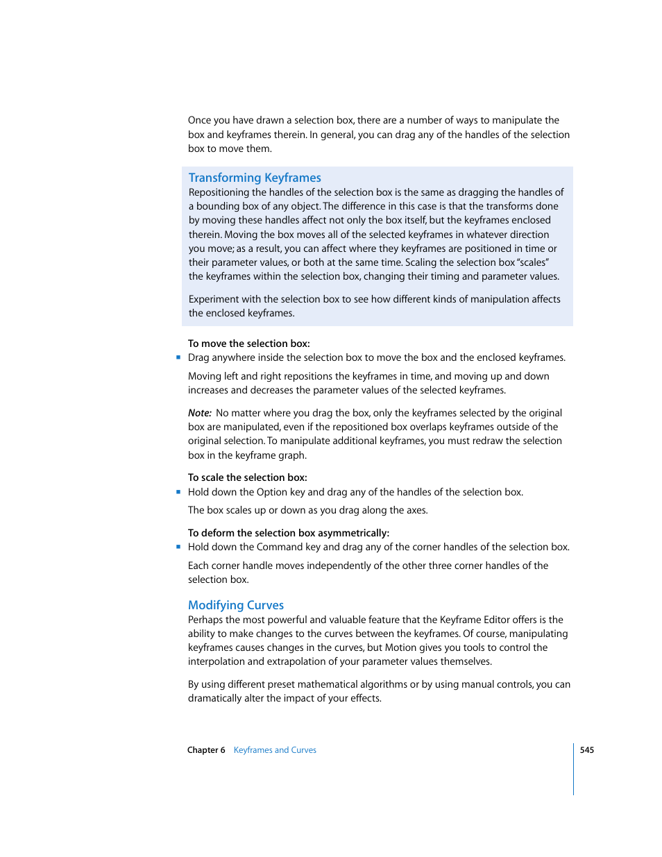 Transforming keyframes, Modifying curves, Ee the table in | Modifying, Curves | Apple Motion 3 User Manual | Page 545 / 1288