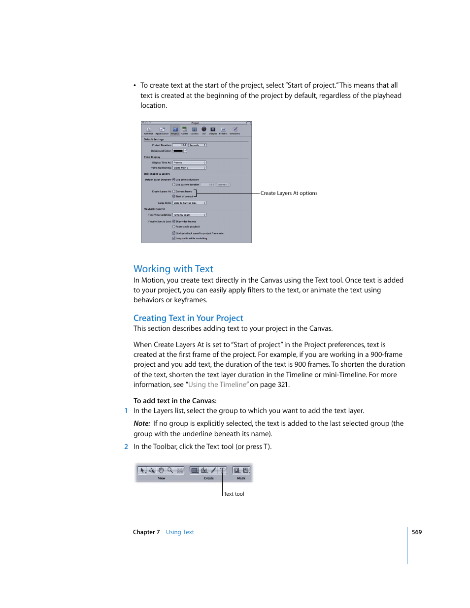 Working with text, Creating text in your project | Apple Motion 3 User Manual | Page 569 / 1288