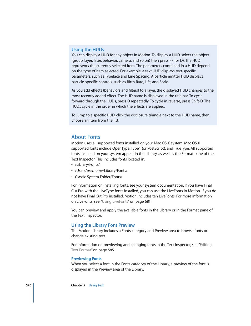 Using the huds, About fonts, Using the library font preview | See appendix, Using, The library font preview | Apple Motion 3 User Manual | Page 576 / 1288