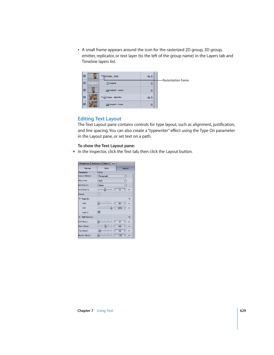 Editing text layout, Editing text, Layout | Apple Motion 3 User Manual | Page 629 / 1288