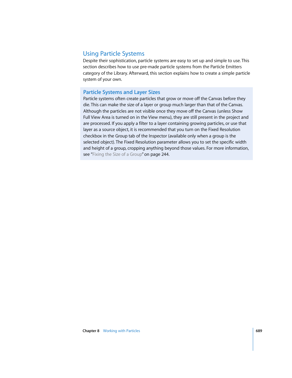 Using particle systems, Particle systems and layer sizes | Apple Motion 3 User Manual | Page 689 / 1288