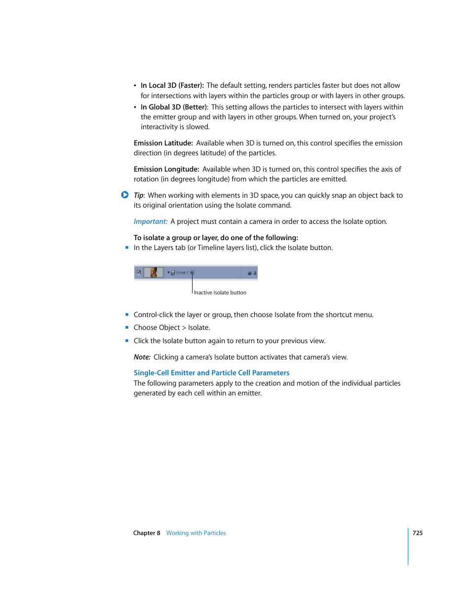 Single-cell, Emitter and particle cell parameters | Apple Motion 3 User Manual | Page 725 / 1288