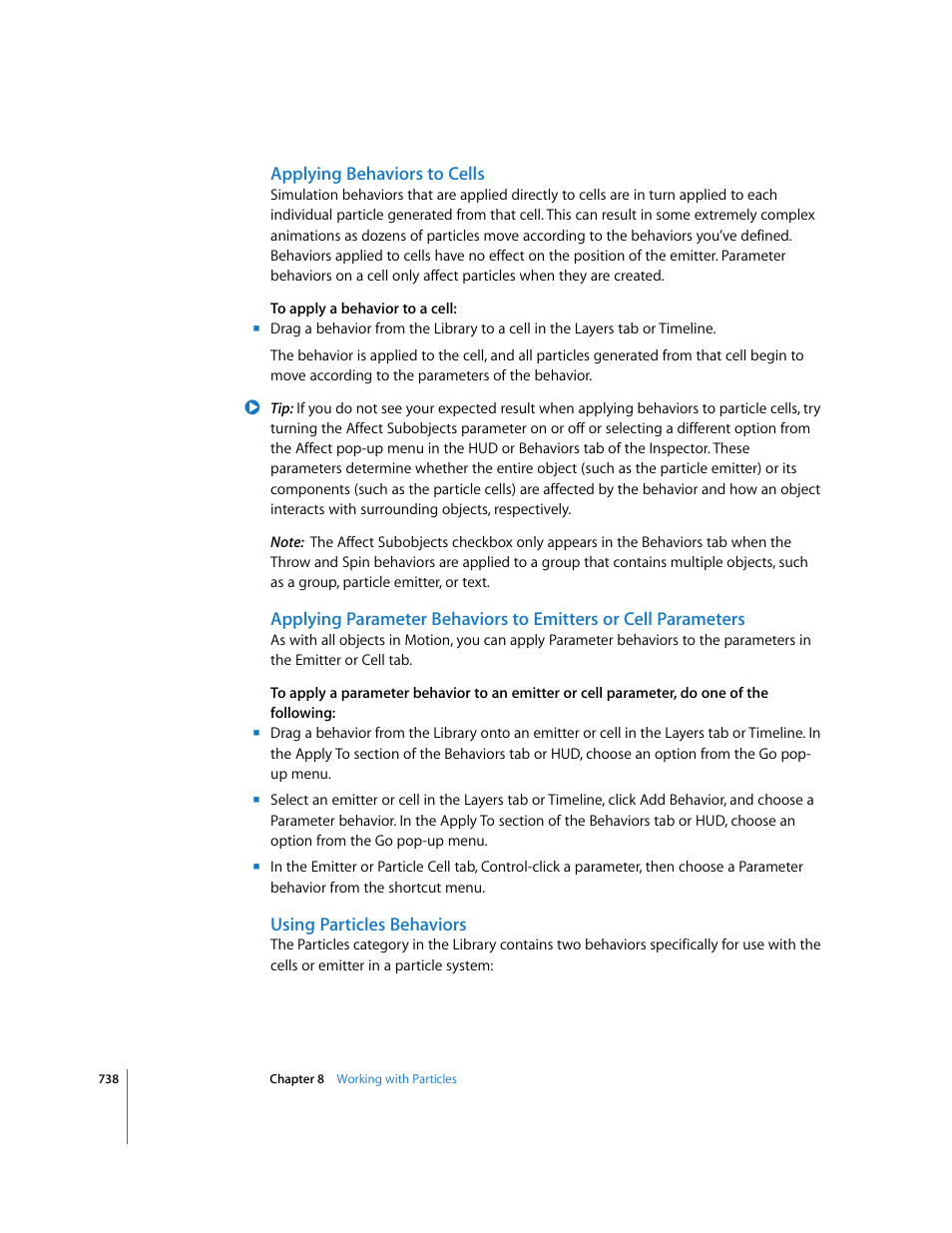 Applying behaviors to cells, Using particles behaviors, Over the duration of their life. for more inf | Apple Motion 3 User Manual | Page 738 / 1288