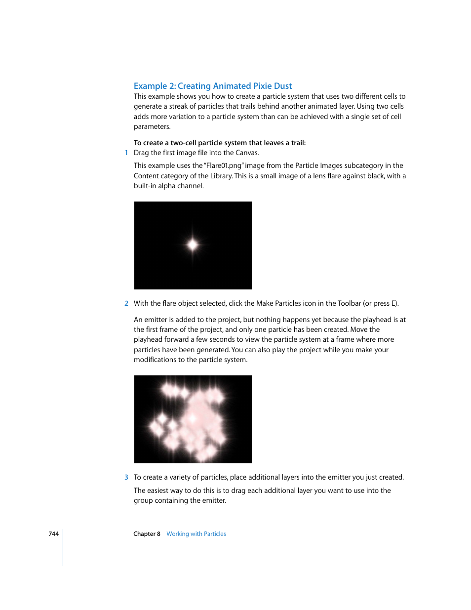 Example 2: creating animated pixie dust, Example 2: creating, Animated pixie dust | Example 2, Creating animated pixie dust | Apple Motion 3 User Manual | Page 744 / 1288