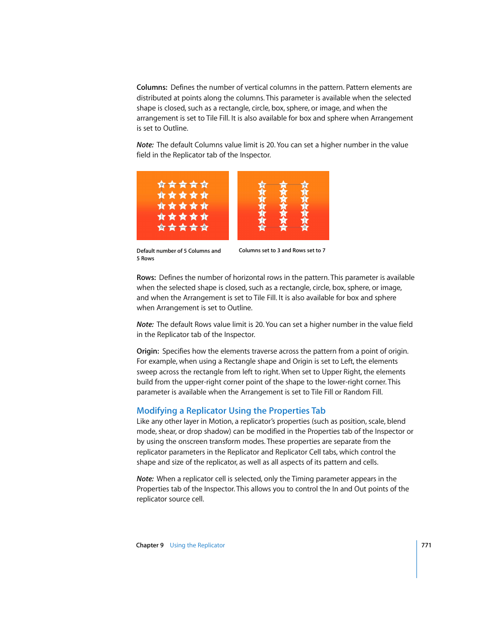 Modifying a replicator using the properties tab | Apple Motion 3 User Manual | Page 771 / 1288