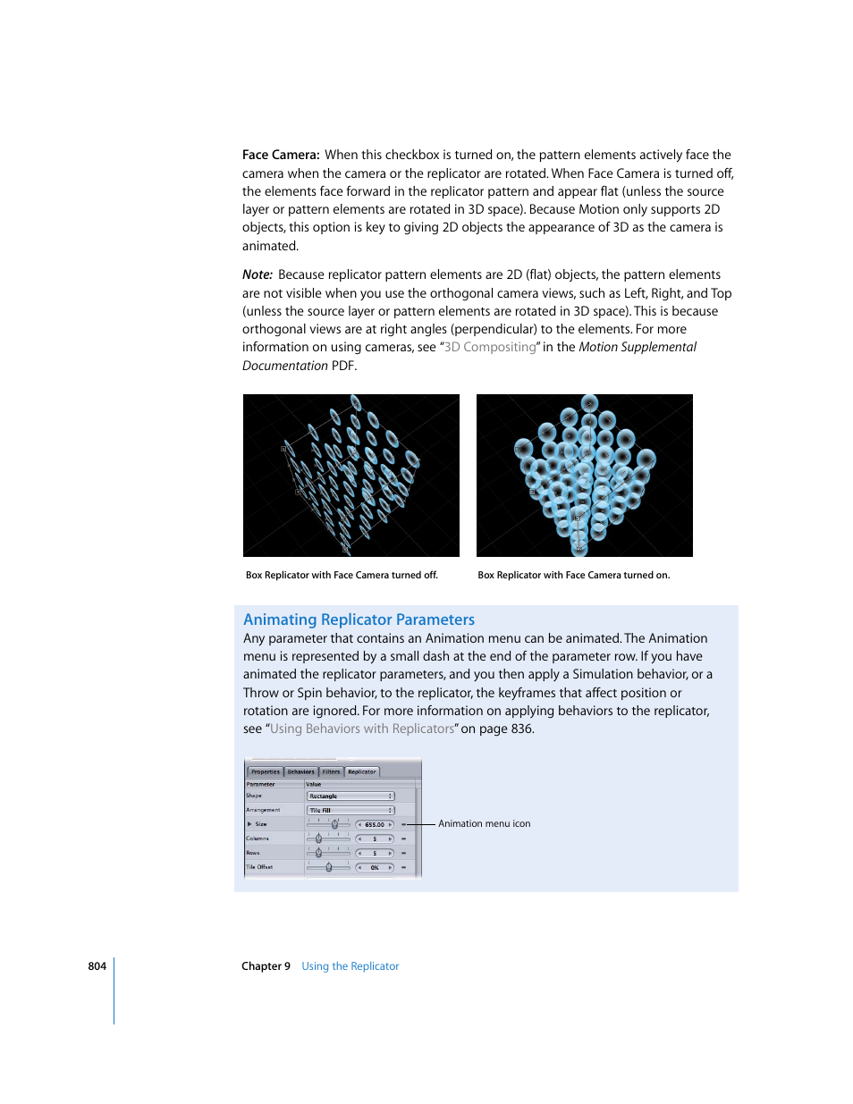 Animating replicator parameters | Apple Motion 3 User Manual | Page 804 / 1288