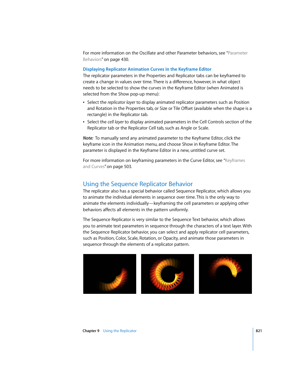 Using the sequence replicator behavior, Using the sequence replicator, Behavior | Using the, Sequence replicator behavior, Scribed in | Apple Motion 3 User Manual | Page 821 / 1288