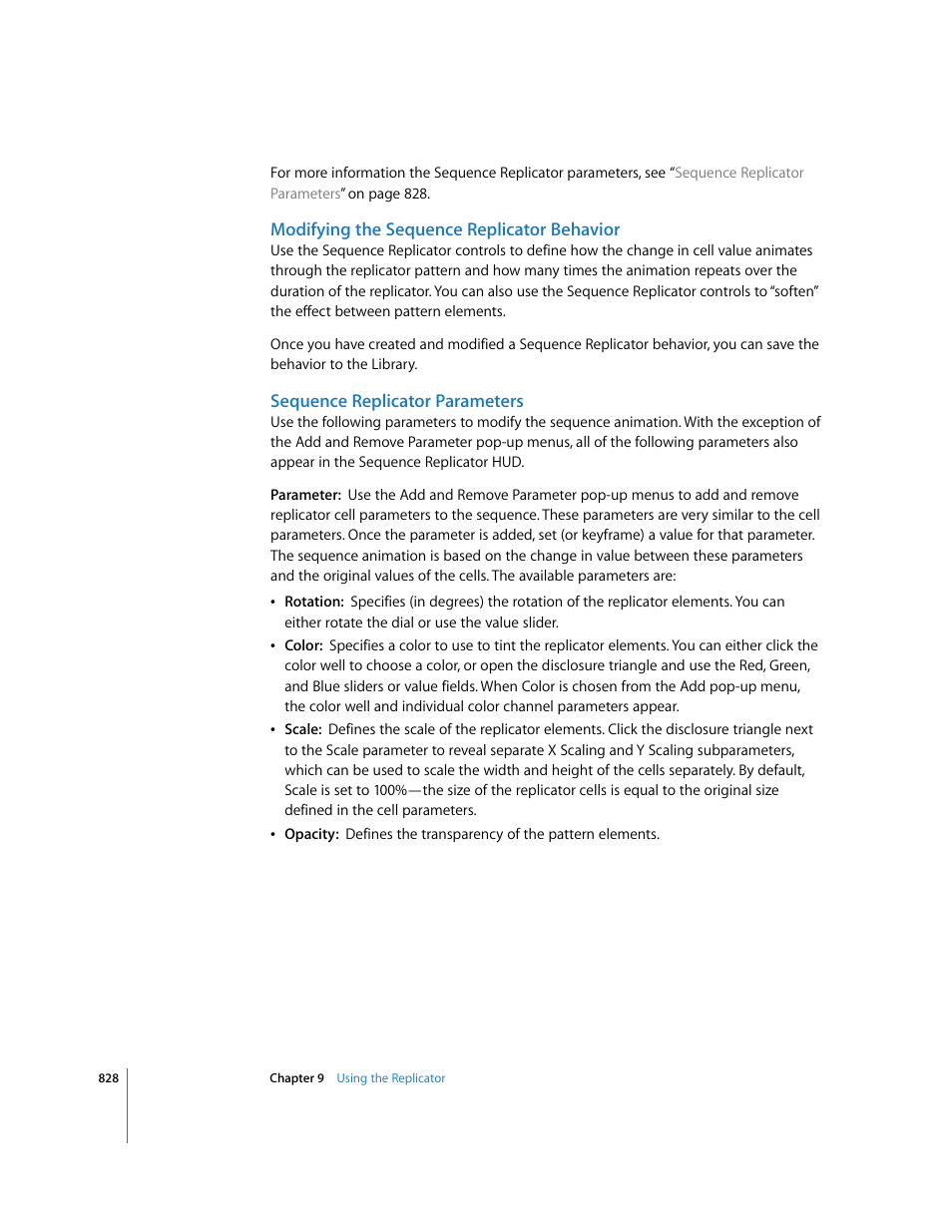Modifying the sequence replicator behavior, Sequence replicator parameters | Apple Motion 3 User Manual | Page 828 / 1288
