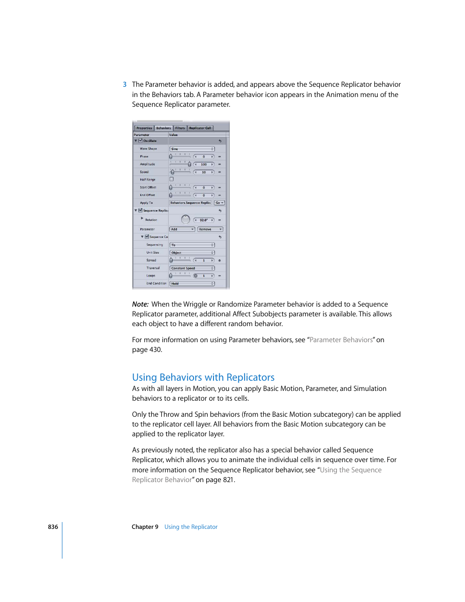Using behaviors with replicators, Using behaviors with, Replicators | Apple Motion 3 User Manual | Page 836 / 1288