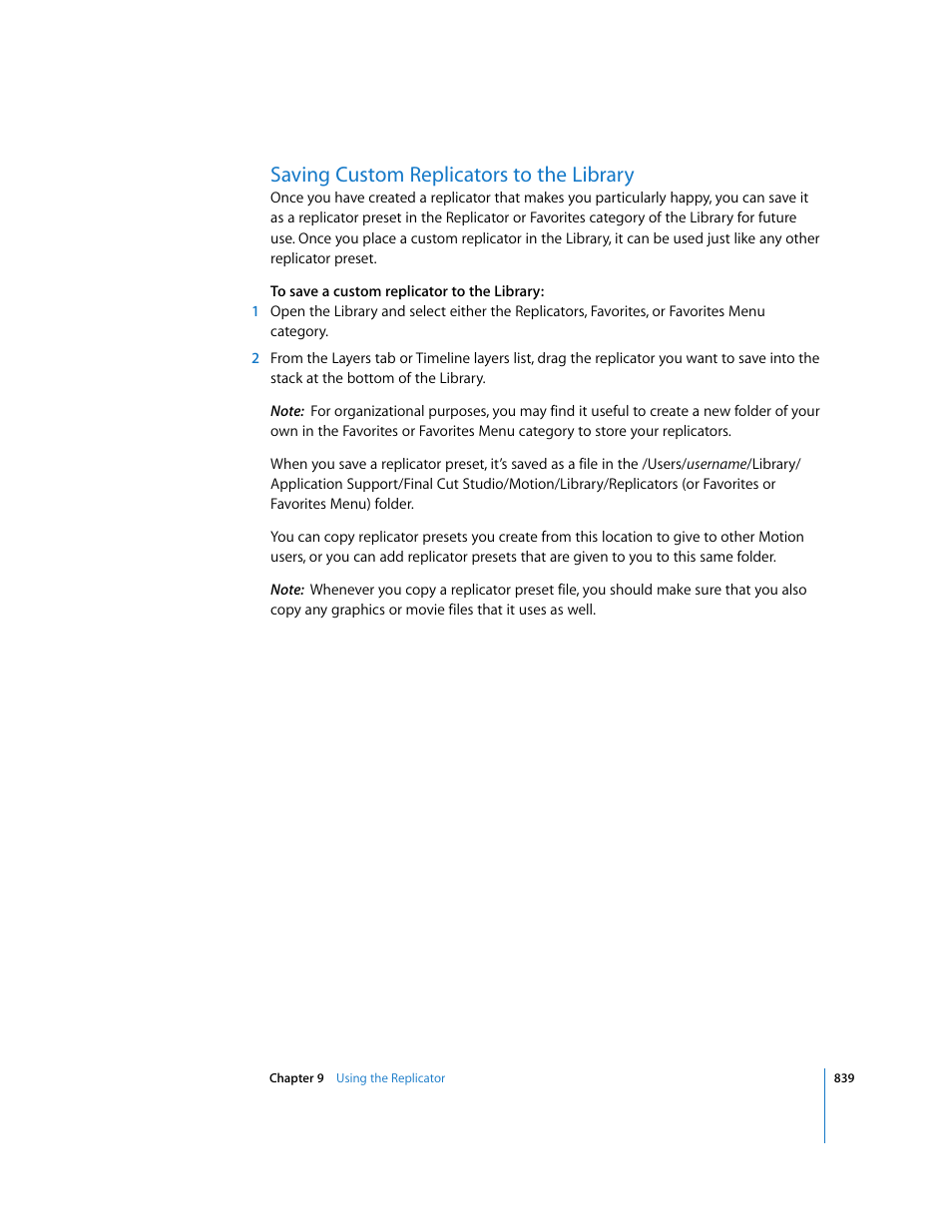 Saving custom replicators to the library | Apple Motion 3 User Manual | Page 839 / 1288
