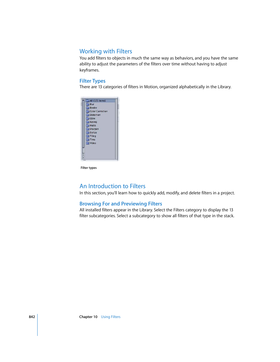 Working with filters, Filter types, An introduction to filters | Browsing for and previewing filters | Apple Motion 3 User Manual | Page 842 / 1288