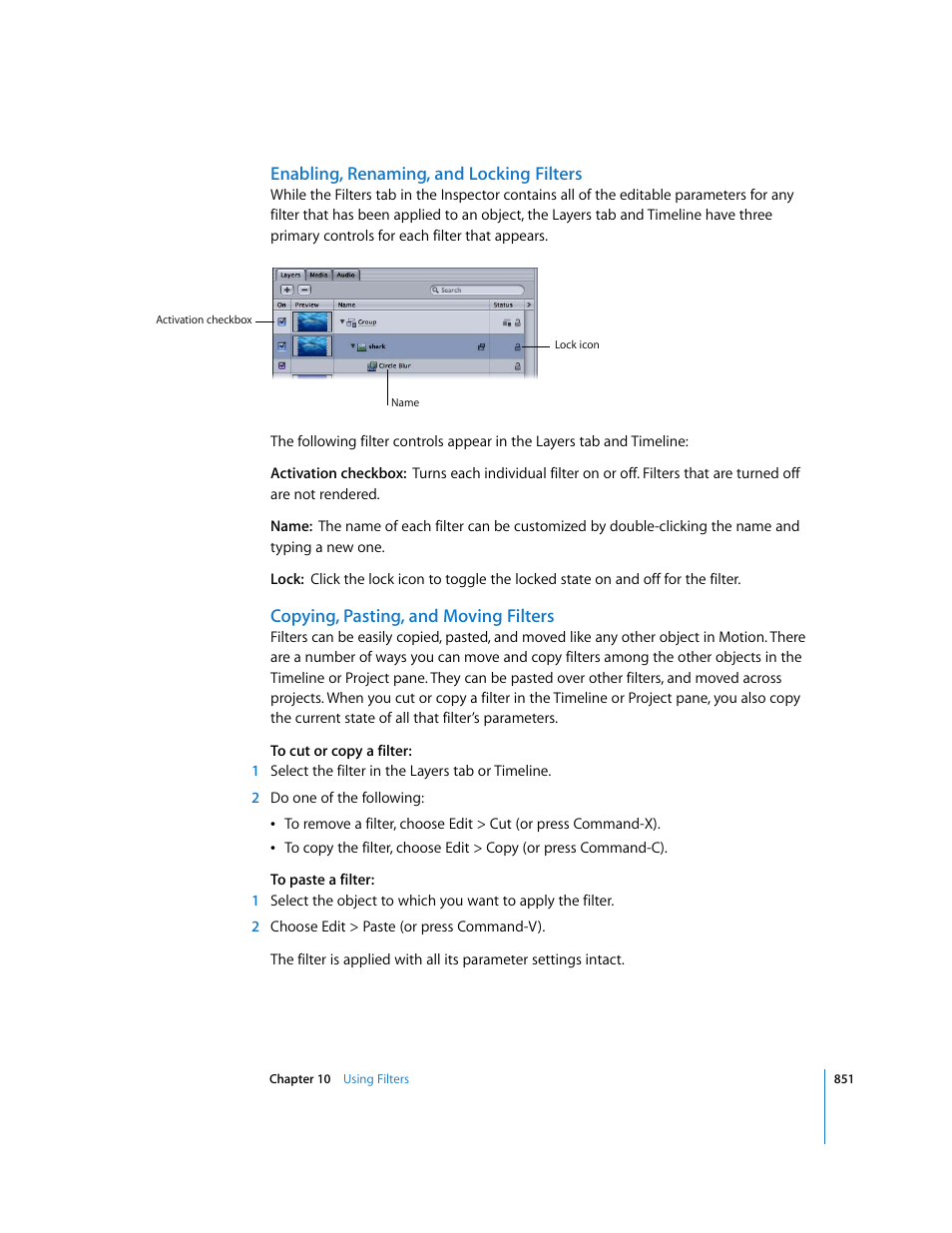 Enabling, renaming, and locking filters, Copying, pasting, and moving filters | Apple Motion 3 User Manual | Page 851 / 1288
