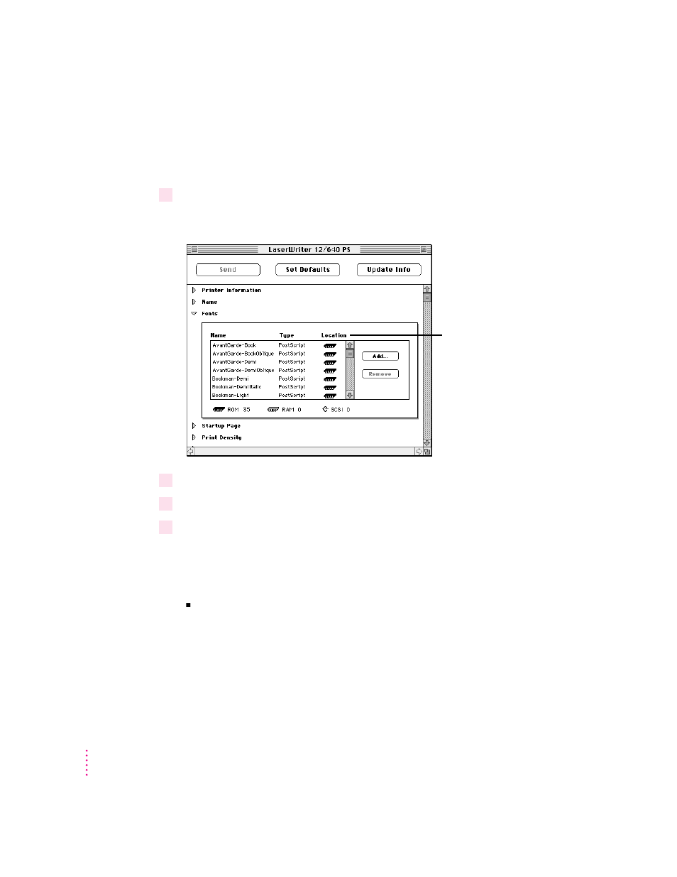 Removing fonts, Printing font samples | Apple LaserWriter 12/640 PS User Manual | Page 256 / 354