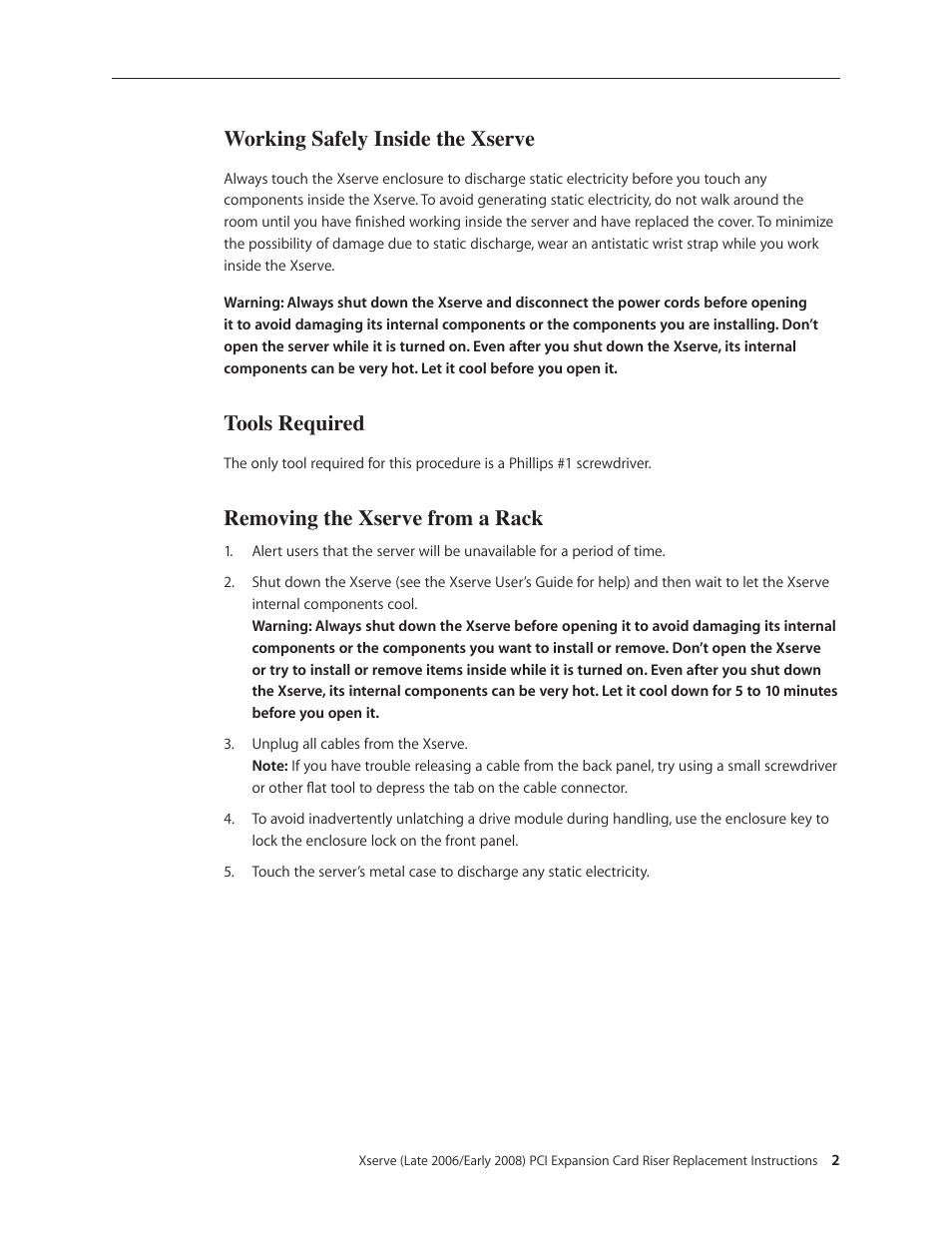 Working safely inside the xserve, Tools required, Removing the xserve from a rack | Apple Xserve (Early 2008) DIY Procedure for Expansion Card Riser User Manual | Page 2 / 6