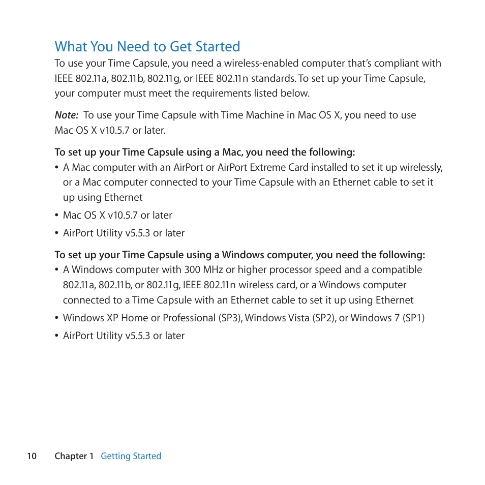 What you need to get started, 10 what you need to get started, What﻿you﻿need﻿to﻿get﻿started | Apple AirPort Time Capsule 802.11n (4th Generation) User Manual | Page 10 / 44